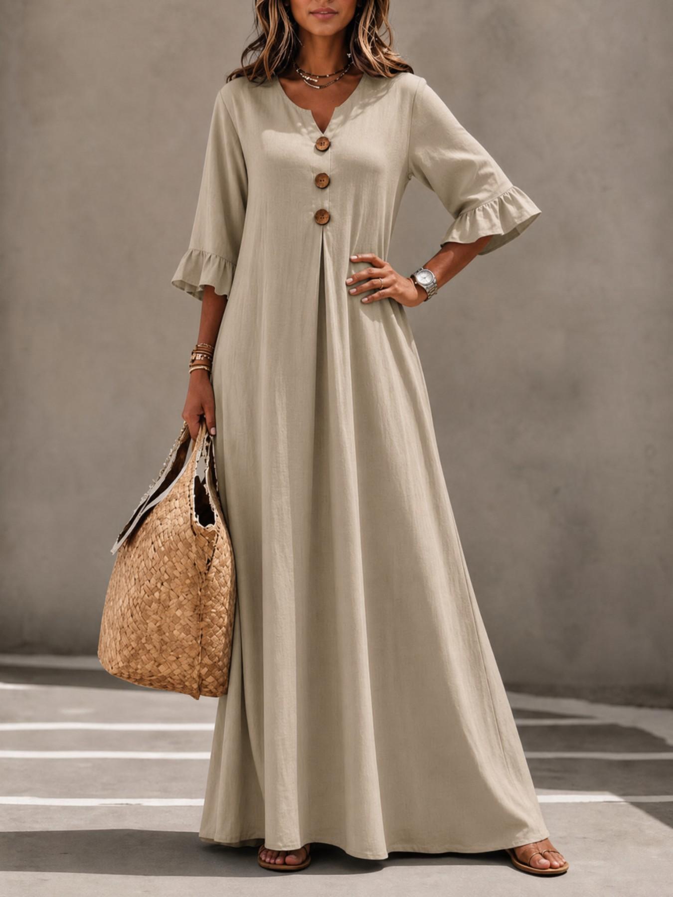 Women's Boho Style Loose-Fitting Wooden Texture V-Neck Dress, Leaf Sleeve Round Button A-Line Long Dress, All Seasons Fashion