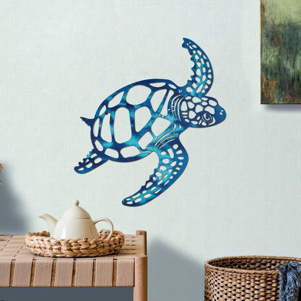 Modern Creative Iron Turtle Wall Decor, Colorful Painted Art Lines Design, Bathroom Beach Wall Tropical Ocean Wind Hanging Decoration, Modern Home Decoration