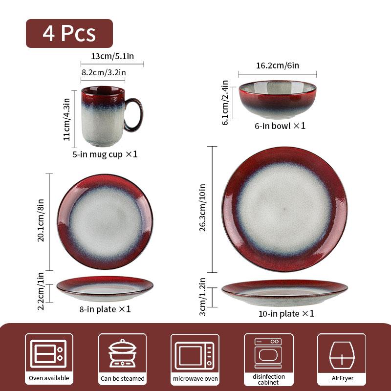 4/8-piece ceramic dinnerware set, Western style, suitable for 1-2 people, kiln-fired ceramic, ink-red, includes steak plate, salad bowl, cup, microwave-safe, machine-washable
