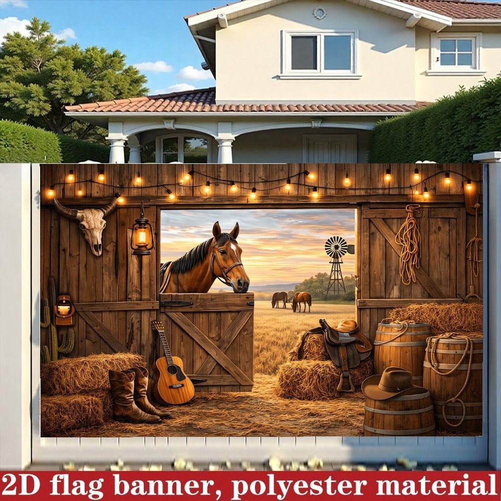 2D 1pc Western cowboy barn wall backdrop fabric, Decor, retro ranch, wooden barn door, sunset grassland, horse, cowboy boots, guitar and string light elements, suitable for western theme parties, multiple sizes available