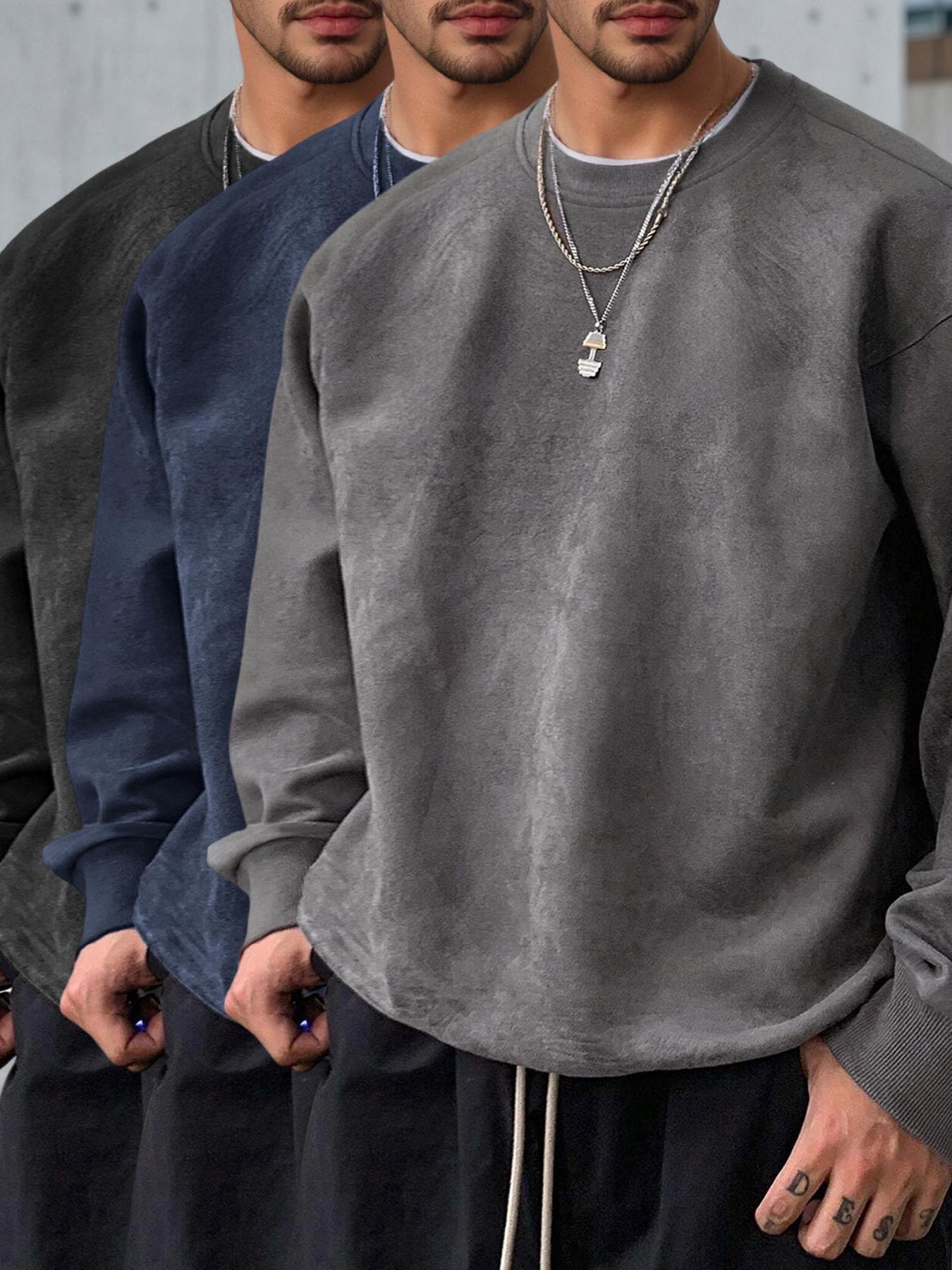 Men's Solid Color Plain Round Neck Drop Shoulder Long Sleeve Fleece Sweatshirt, Casual Fit for Fall & Winter, Comfortable Daily Wear