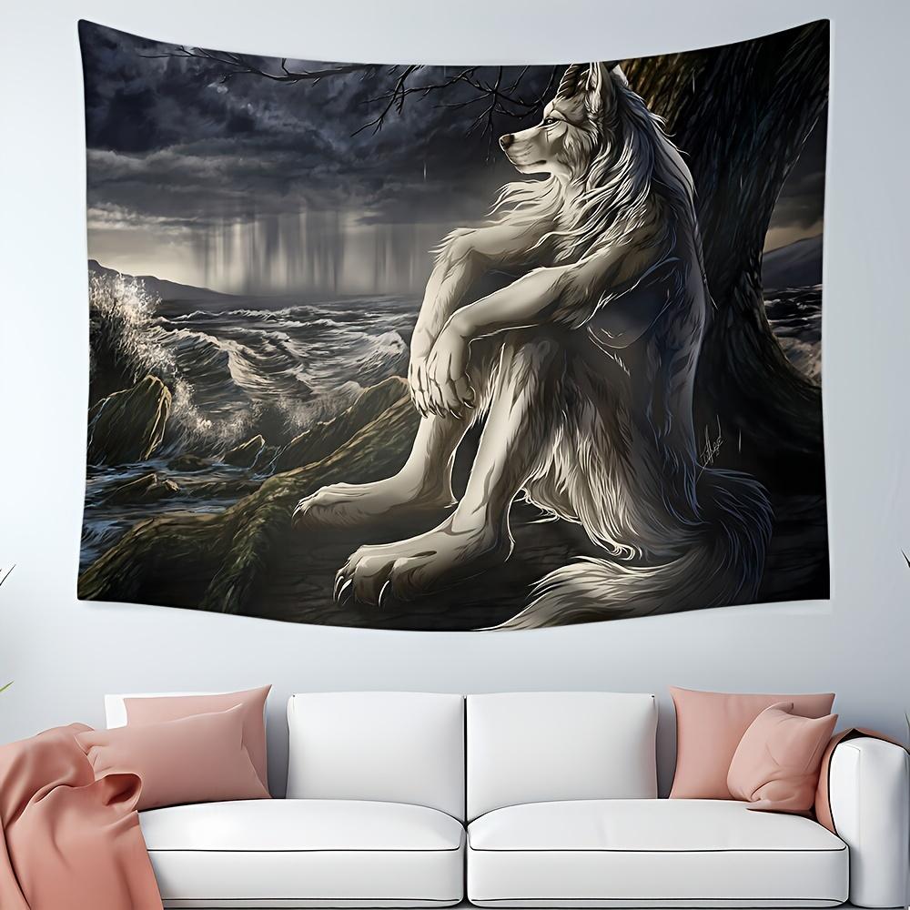 1 Piece, Interesting Alpha Coefficient Sigma Beta Wolf Tapestry, Interior Wall Hanging emo White Wolf Sitting Sad Tapestry Mural Decoration Home Decoration Tapestry