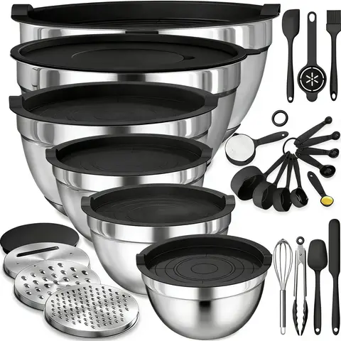 6PCS-Colorful Stainless Steel Stackable Nesting Prep Bowl Set (1qt to 7qt Range) - Mirror Finish Tableware with Airtight No-Spill Lids, 3 Grater Attachments, 3.5qt Splash Guard, Dishwasher-Safe for Baking,Serving