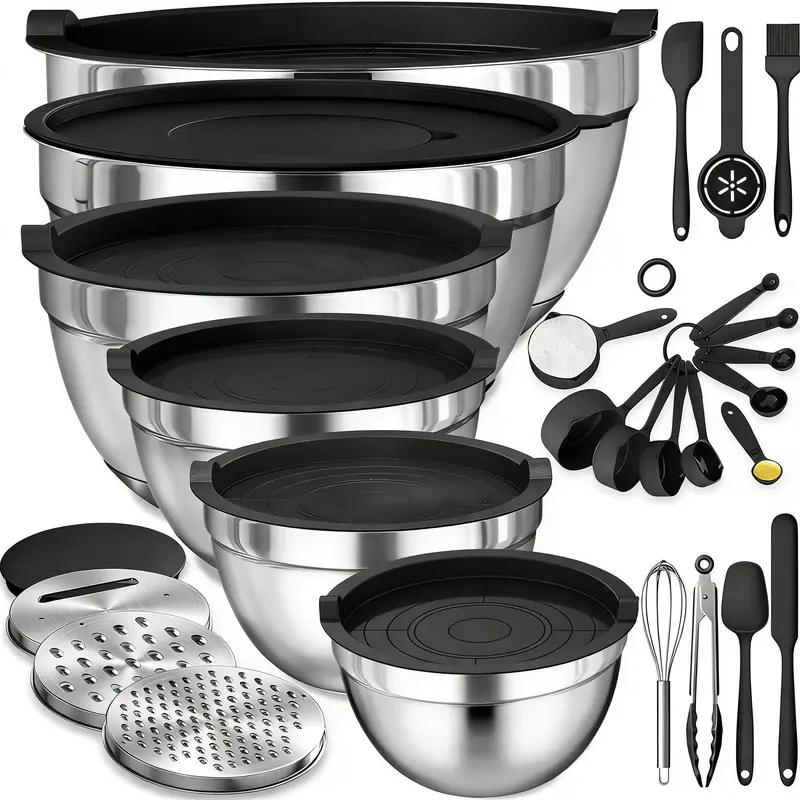 6PCS-Colorful Stainless Steel Stackable Nesting Prep Bowl Set (1qt to 7qt Range) - Mirror Finish Tableware with Airtight No-Spill Lids, 3 Grater Attachments, 3.5qt Splash Guard, Dishwasher-Safe for Baking,Serving