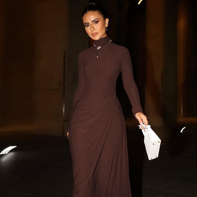 Women's Solid Mock Neck Ruched Long Sleeve Bodycon Dress, Elegant Back Cut Out Button Slim Fit Maxi Dress, Party Club Date Evening Formal Dress, Elegant modesty dress, Spring Fall Winter Holiday Daily Casual Dresses For Outdoor