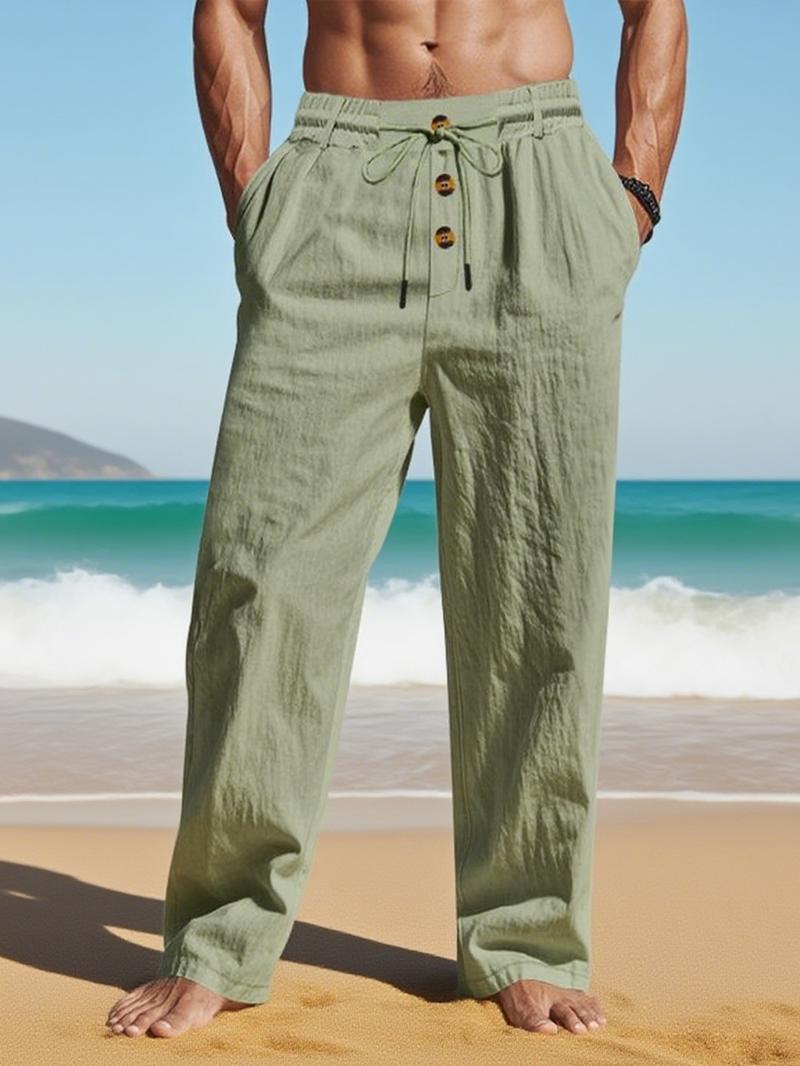 Men's solid - color linen straight - leg pants, drawstring - waist casual long pants with pocket design, loose - fitting wide - leg pants suitable for all seasons, light - washed loose - cut trousers for daily wear, Casual Beach Pants