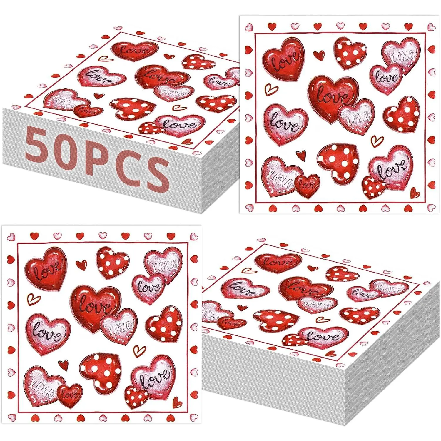50 Count Valentines Day Napkins – 13 x 13 Inch 2-Ply Disposable Lunch Napkins with Red and  Love Heart Design for Valentines Parties, Weddings, Anniversaries, and Romantic Dinners