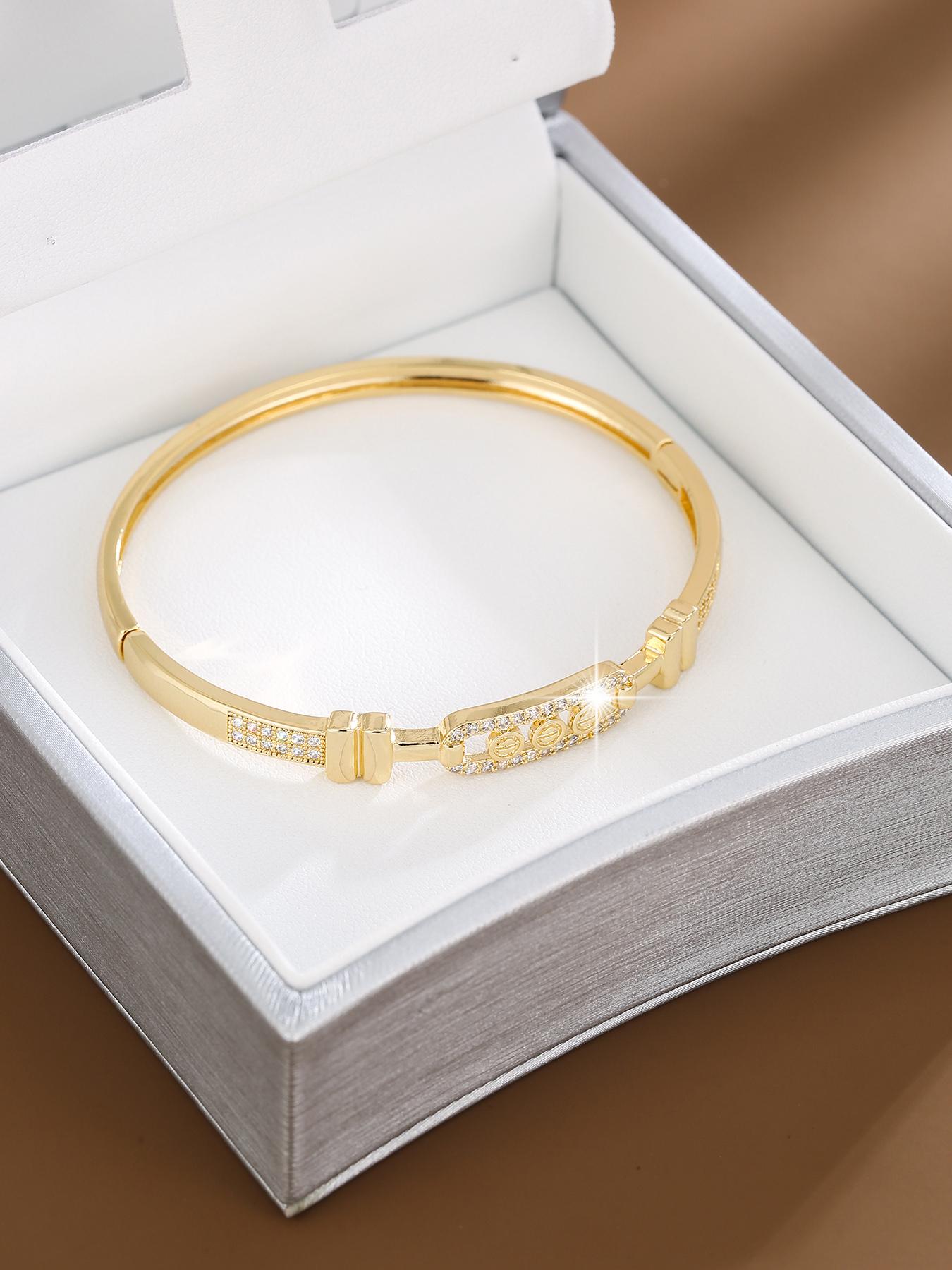 S925 Sterling Silver Rhinestone Decor Bangle Bracelet, Fashionable Hollow Out Design Bangle for Women, Trendy All-match & Exquisite Jewelry for Birthday Gift