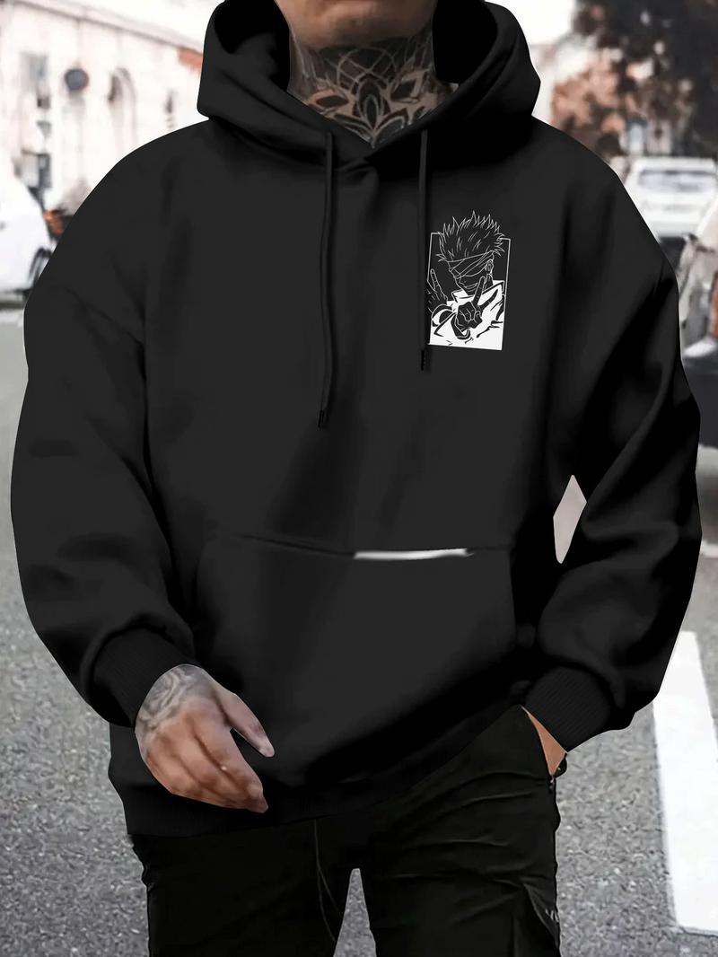 Men's White 'Jujutsu Kaisen Gojo Satoru Black & White Anime Graphic' Oversized Hoodie - Streetwear Anime Casual Pullover, Featuring Iconic Gojo Satoru from Jujutsu Kaisen with Bold Line Art Design, Ideal for Anime Enthusiasts, Graphic Print Hoodie