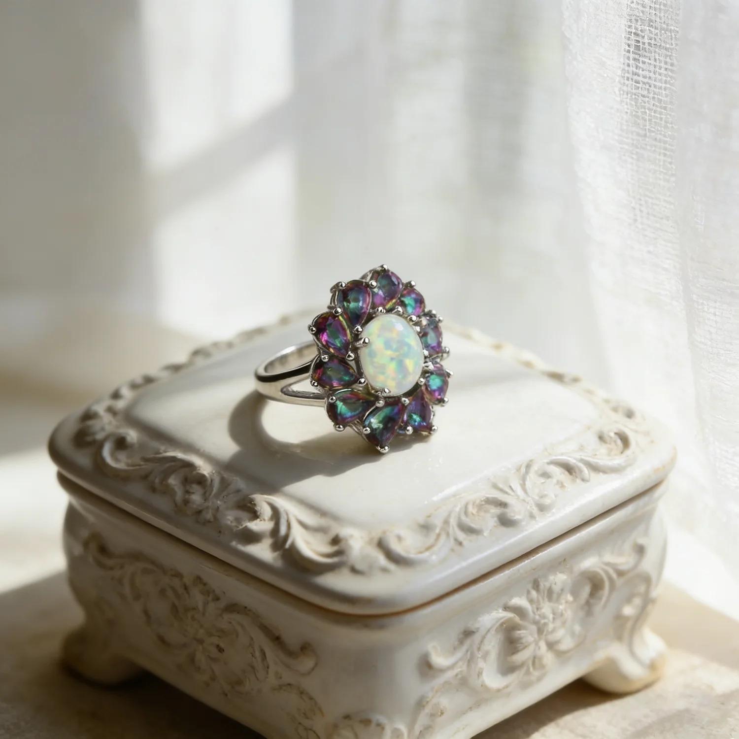 Luxury Floral Rainbow Stone & White Opal Birthstone Rings For Women Fashion Vintage Jewelry Christmas Wedding Gift for Lovers
