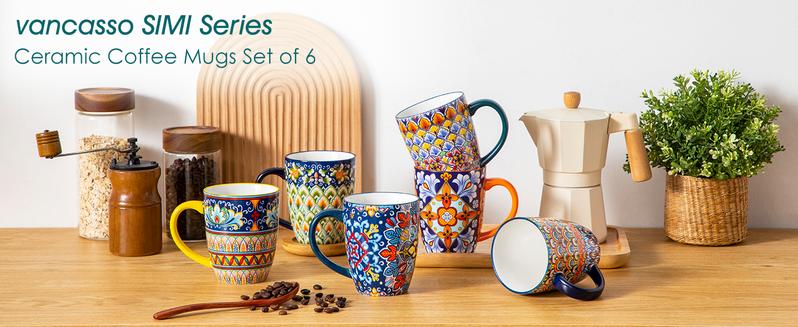 vancasso Simi 16 Oz/12 Oz Multicolor Porcelain Cups for Latte, Hot Tea, Cappuccino, Cocoa, Soup, Dishwasher, Microwave Safe, Set of 6 Ceramic Drinkware Stylish Drinkware Coffee