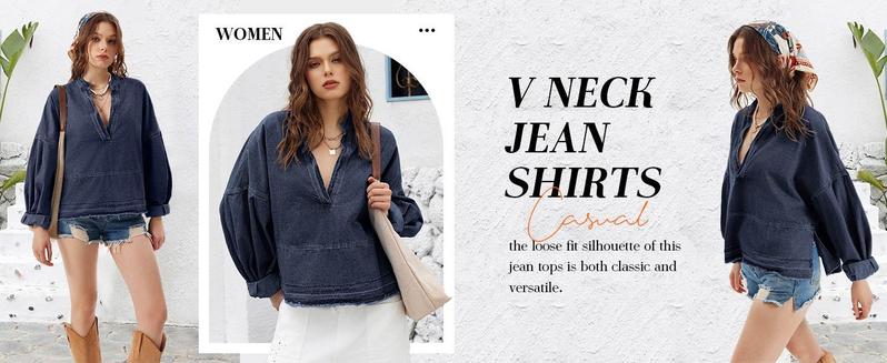 FMEYOA S~2XL Womenswear FallFreshness Denim Pullover Casual Comfort Button V Neck Blouse Loose Fit Tops Longsleeves Jean Jacket With Pocket