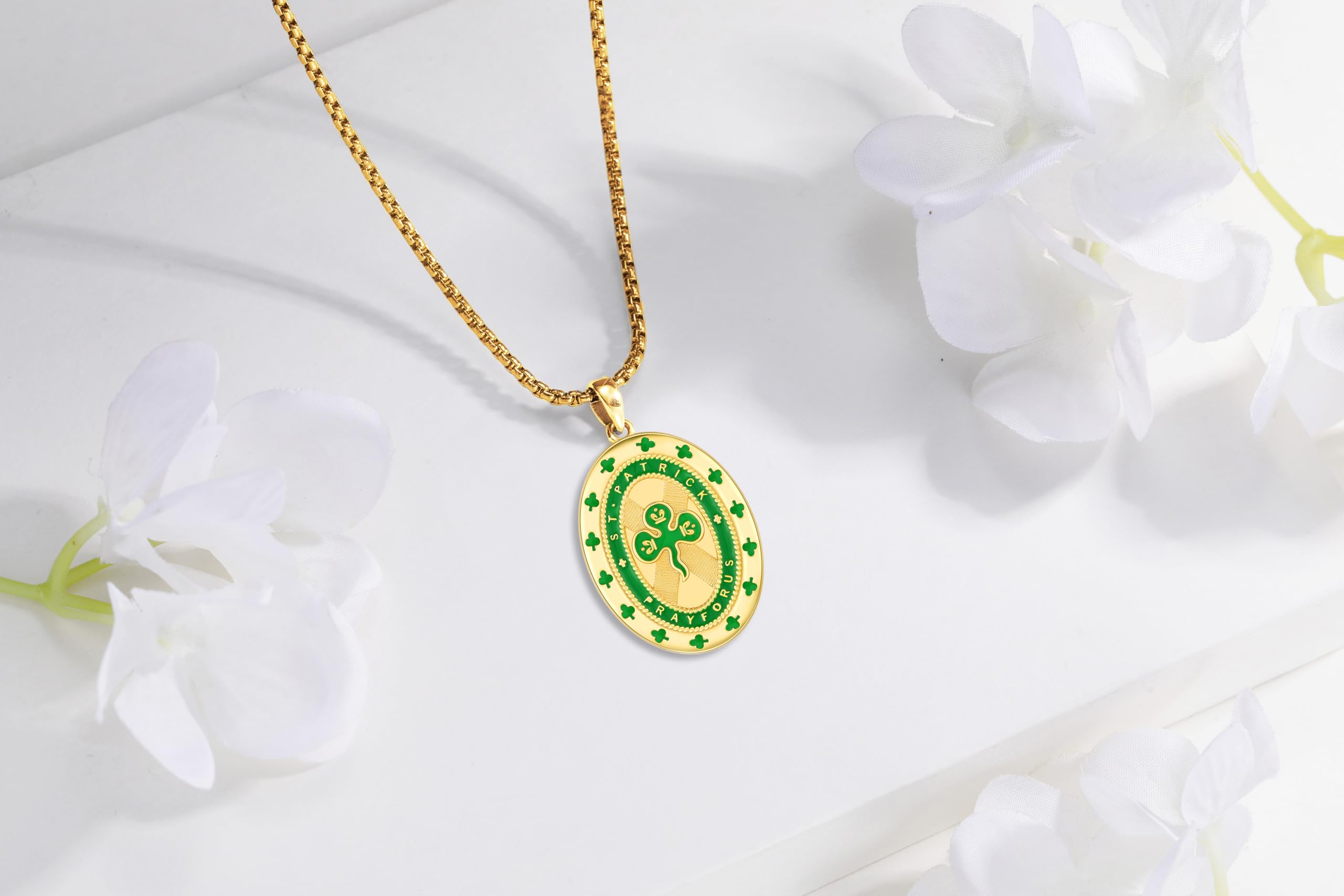 Thanches Saint Patrick Protect Us Medal Cross Necklace 925 Sterling Silver Pendant Religious Ireland Patron Retro Green Amulet Jewelry Gift for Men Women