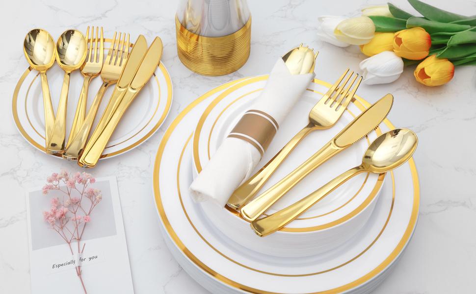 GOODLUCK 350PCS Gold Disposable Dinnerware Set for 50 Guests Includes 50 Plates Napkins Silverware & Cups Perfect for Weddings Parties Christmas & Baby Showers