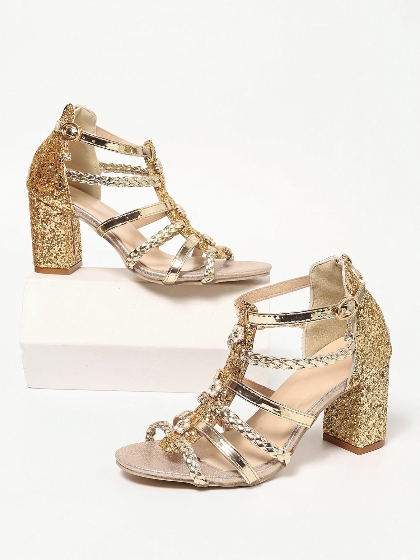 Women's High Heel Shoes, Round Toe, Chunky Lug, Sparkly Braided Strap, Perfect for Parties, Weddings, Summer 2026