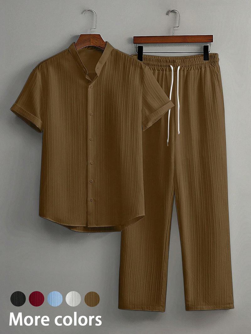 Two-Piece Set Men's Linen Set, Casual Short Sleeve Button Up Shirt & Pants Set for Summer, Men's Clothes for Beach Vacation