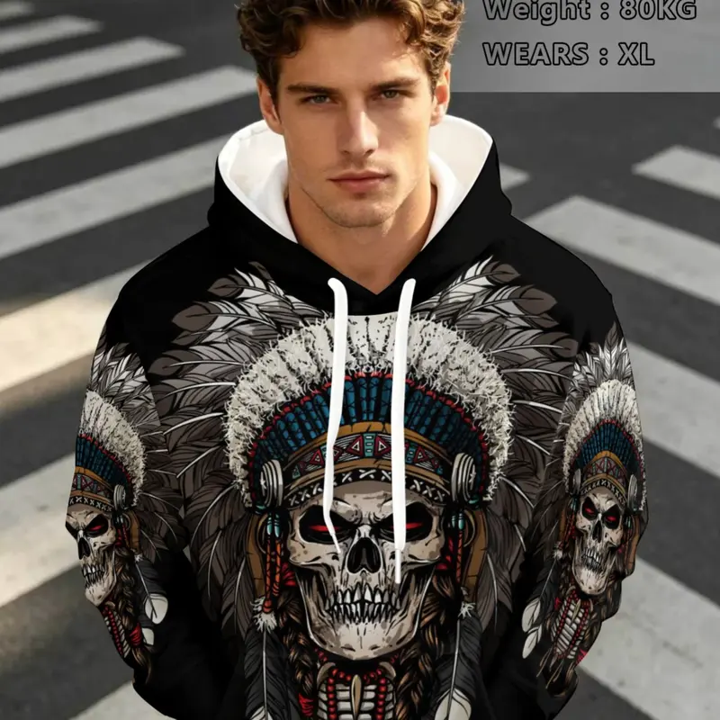Men's Skull Feather Print Hoodie, Kangaroo Pocket Design, Loose Fit, Halloween Casual Streetwear, Fall Winter Fashion, Hoodie Sweatshirt