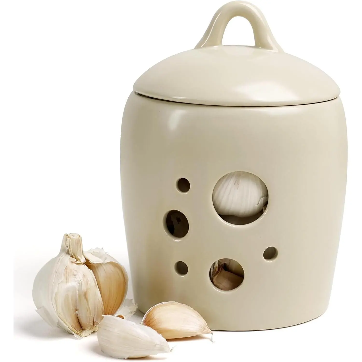 Garlic Keeper for Counter - Ceramic Garlic Storage Container with Lid Beige Garlic Holder Countertop for Kitchen Garlic Jar to Keep Your Garlic Cloves Fresh Longer