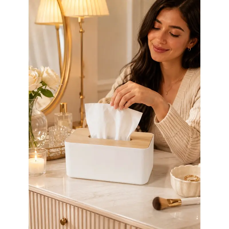 Simple Modern Tissue Dispenser Box with Wooden Lid, Decorative Facial Tissue Storage Organizer for Bathroom Bedroom Kitchen Coffee Table Office, Elegant Minimalist Room Decor, Trending Gift Idea for Mom Girlfriend and Women Friends