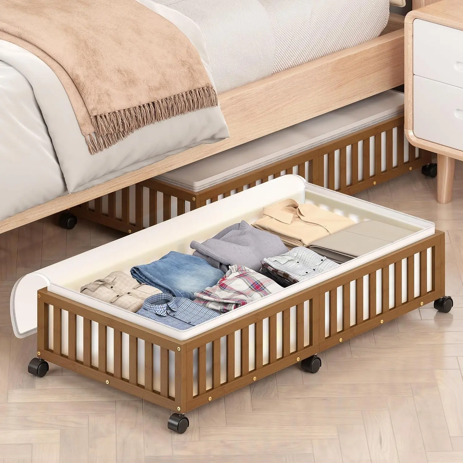 2-Pack Large Wooden Bamboo Under Bed Storage Containers with Wheels, Brown - Underbed Drawer Organizer with Bag for Shoes, Sheets, Clothes, Crib Toys, Set Pack