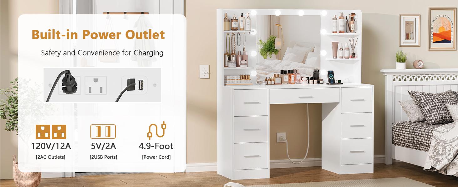 Dream Vanity Table Set with LED Lights 7 Drawers Power Outlet Adjustable Brightness Easy Assembly Durable Design Super Bright Lighting Solution Perfect for Bedroom Makeup Routine