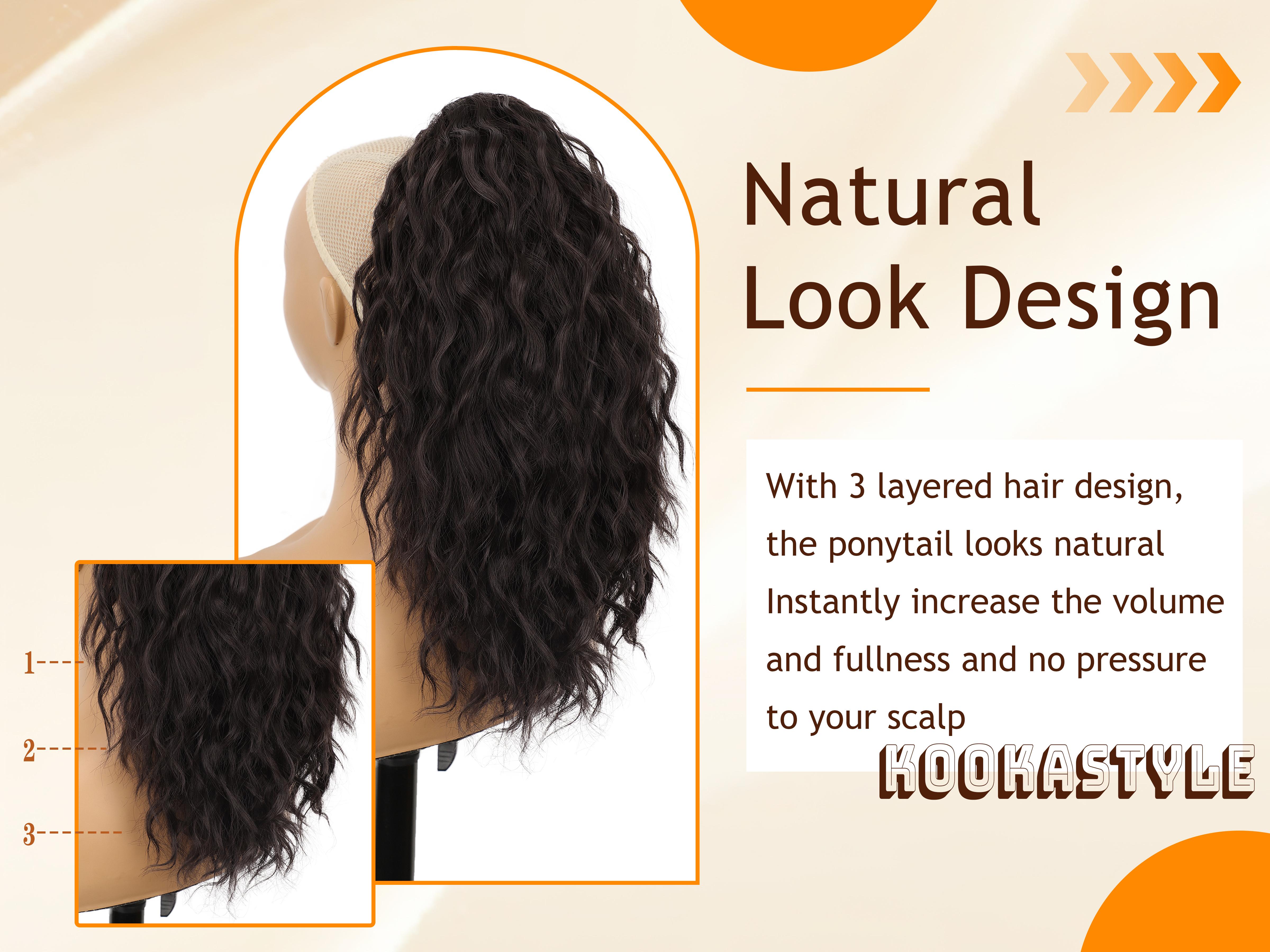 [KooKaStyle]  Black Brown Ponytail Extension 18" Curly Pony Tail Clip in Claw Ponytail Fluffy Natural Looking Synthetic Hairpiece for Women