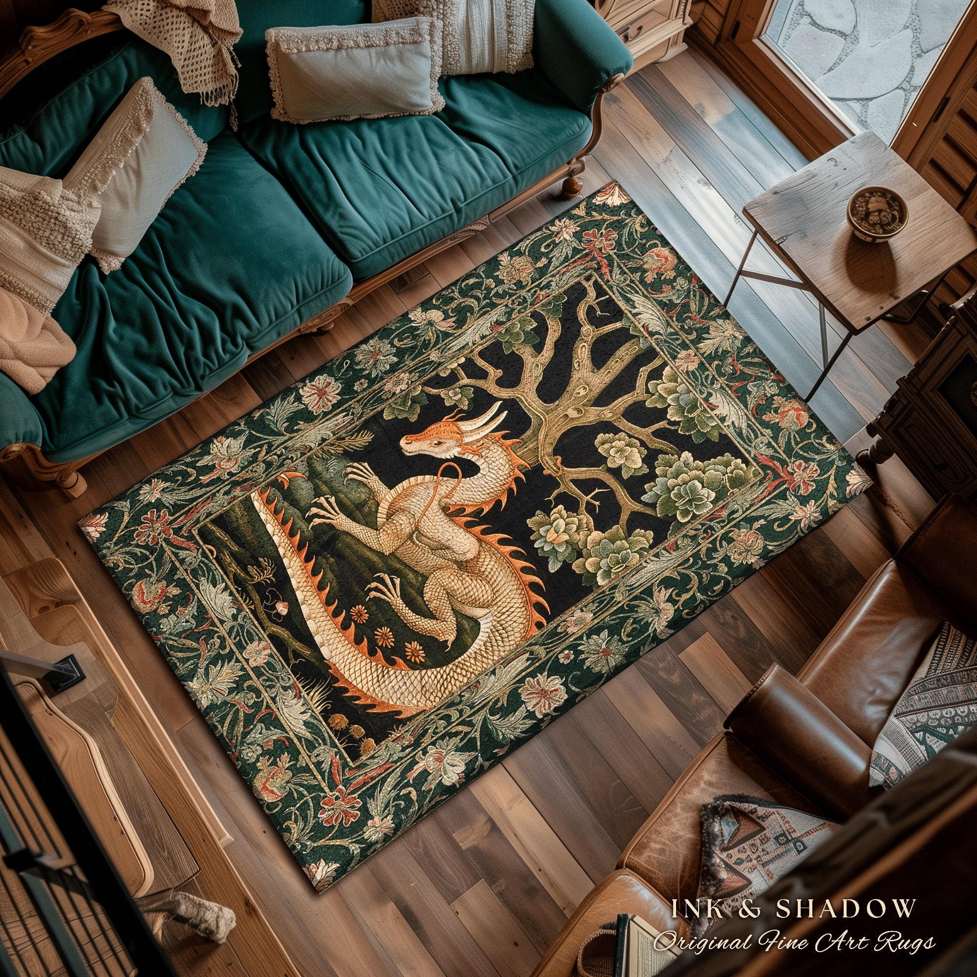 Vintage Medieval Dragon Floral Tapestry Flannel Area Rug - Gothic Mythical Creature Print Soft Mat for Living Room, Non-Slip Cottagecore Home Decor#MedievalDragonRug #FloralTapestryMat #GothicMythDecor #CottagecoreCarpet #NonSlipFlannelRug