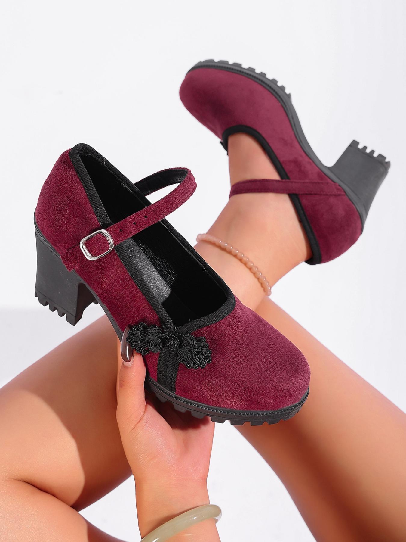 Plus Size Women's High Heel Shoes, Comfortable Round Toe Buckle Design, Casual Fashion Footwear for Spring & Fall Seasons, Shoes Heels, High Heel Pumps, Strap Heels