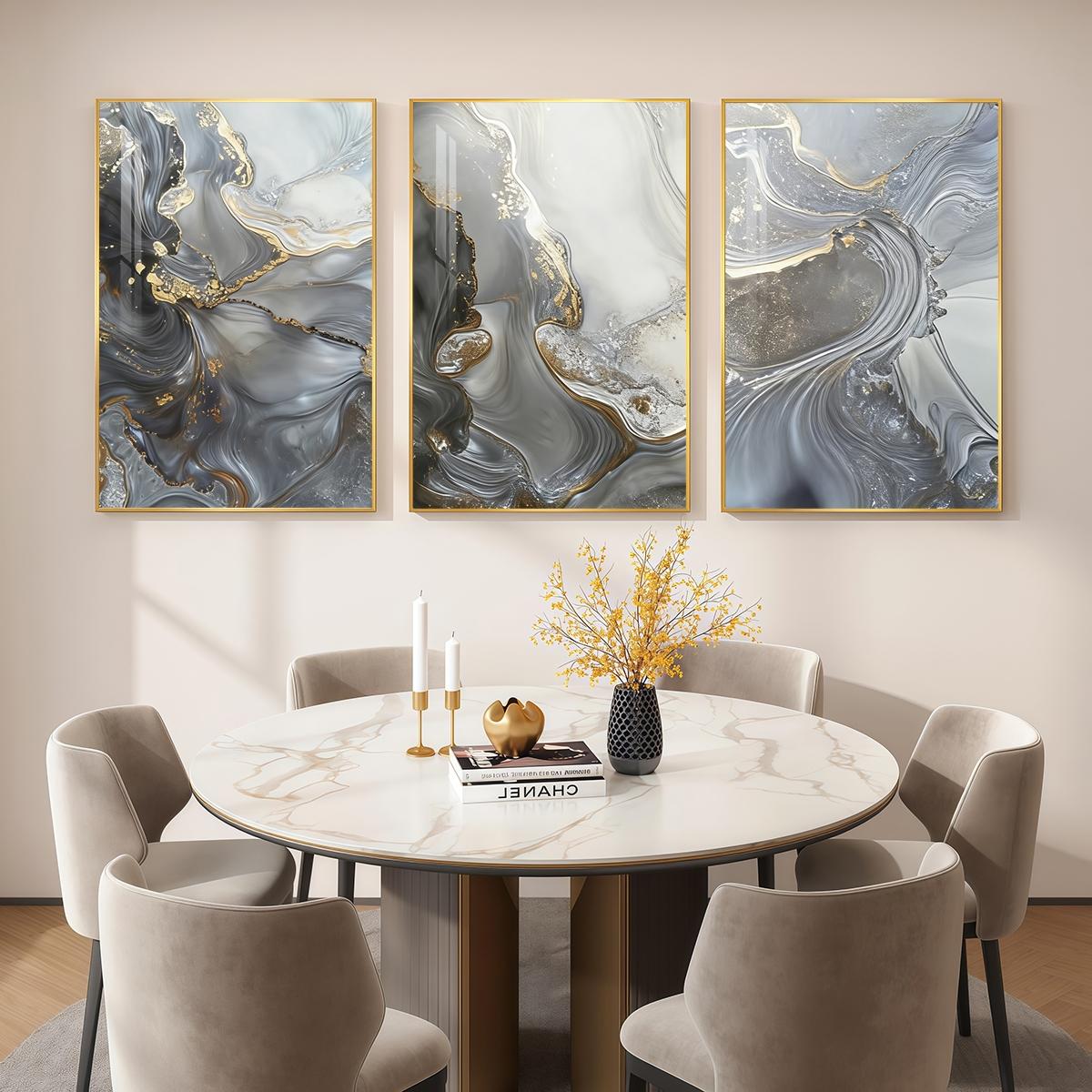 3 Counts Aluminum Alloy Framed Painting, Abstract Gray Gold Fluid Art Pictures, Home Decoration For Living Room, Bedroom, Office, Restaurant, Hallway Wall Decor, Odorless Print Artwork, Luxury Perfect Gift For Friends And Family