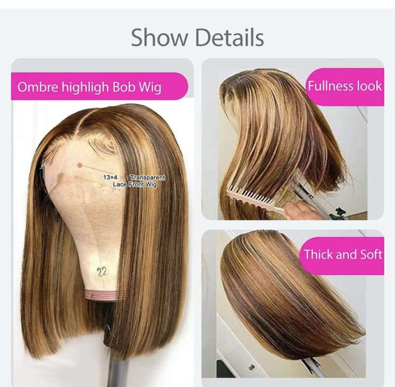 Highlight Lace Front Bob Wig Human Hair 14 Inch Ombre Honey Blonde 13x4 Hd Lace Front Wigs Human Hair Pre Plucked Middle Part 4/27 Colored Lace Frontal Wigs(14 Inch, 4/27 Highlight)