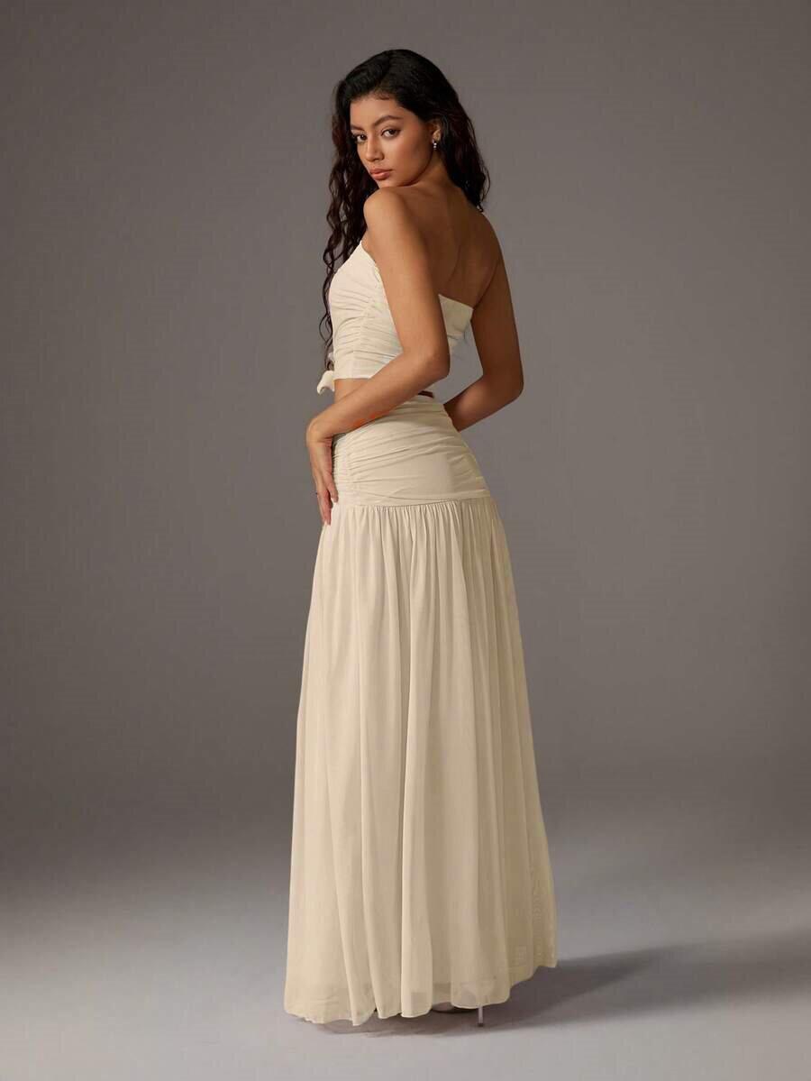 Women's Mesh Solid Color Halter Top Sleeveless and Long Dress Two-Piece Set, Breathable Summer Outfit, Elegant and Comfortable for Daily Wear, Neck Top Set