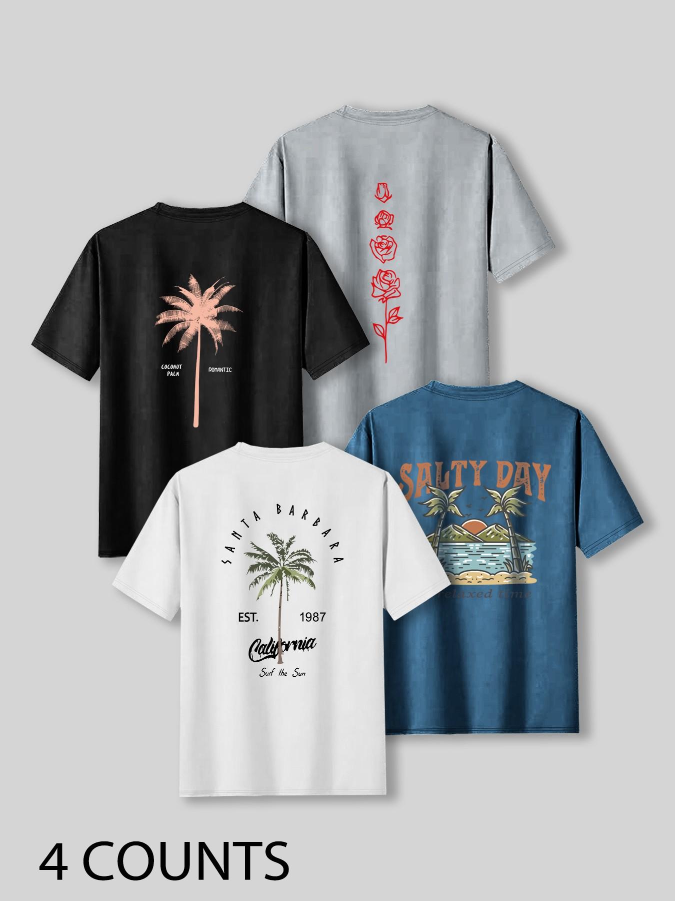 Men's Palm Tree & Letter Print Short Sleeve Graphic Tee, Regular Fit Casual Street Round Neck T-shirt for Summer, Men's Top for Daily Wear