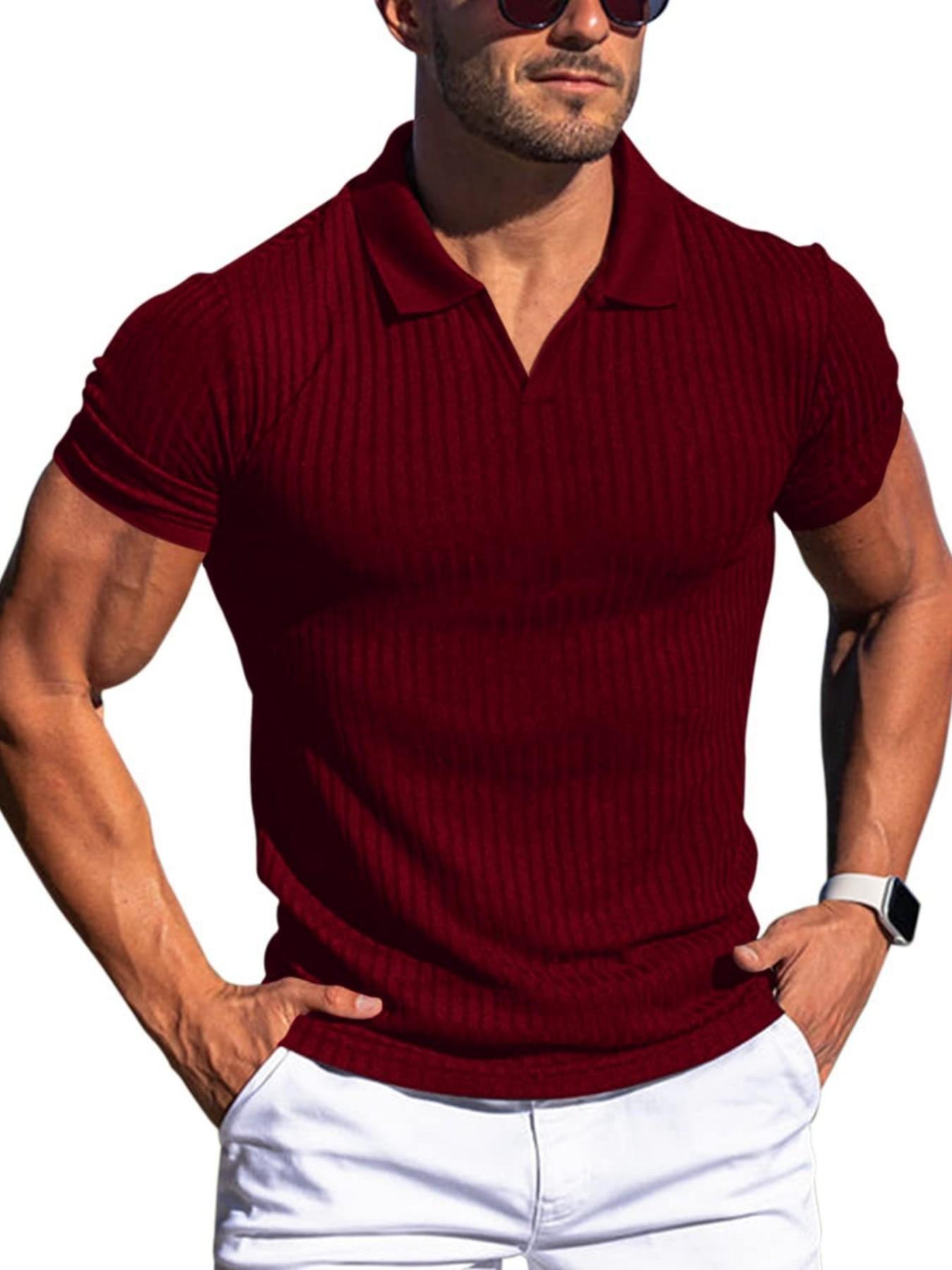 Men's Ribbed Knit V-Neck Polo Shirt, Casual Short Sleeve Top, Ideal for Golf, Office, Daily Wear, Comfortable and Stylish