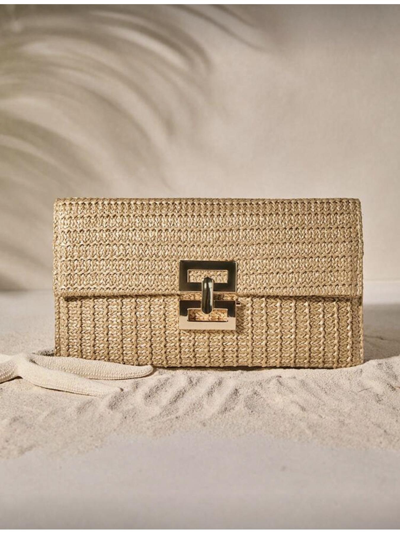Multi-layer Twist Lock Flap Gold Handbag Casual Shoulder Bag Woven Design Ideal for Beach Getaway and Christmas New Year Presents