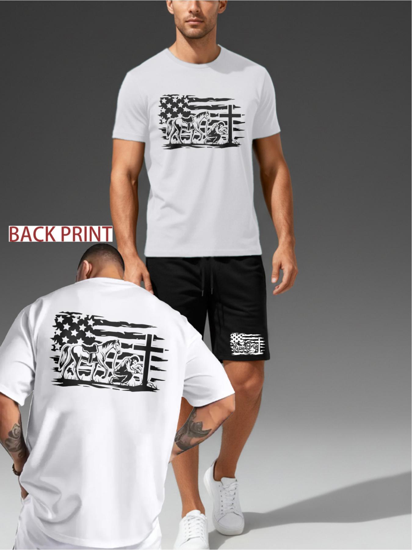 Retro Cowboy Prayer Theme Set with American Flag Elements, Front and Rear Printed Casual Short Sleeves+Shorts
