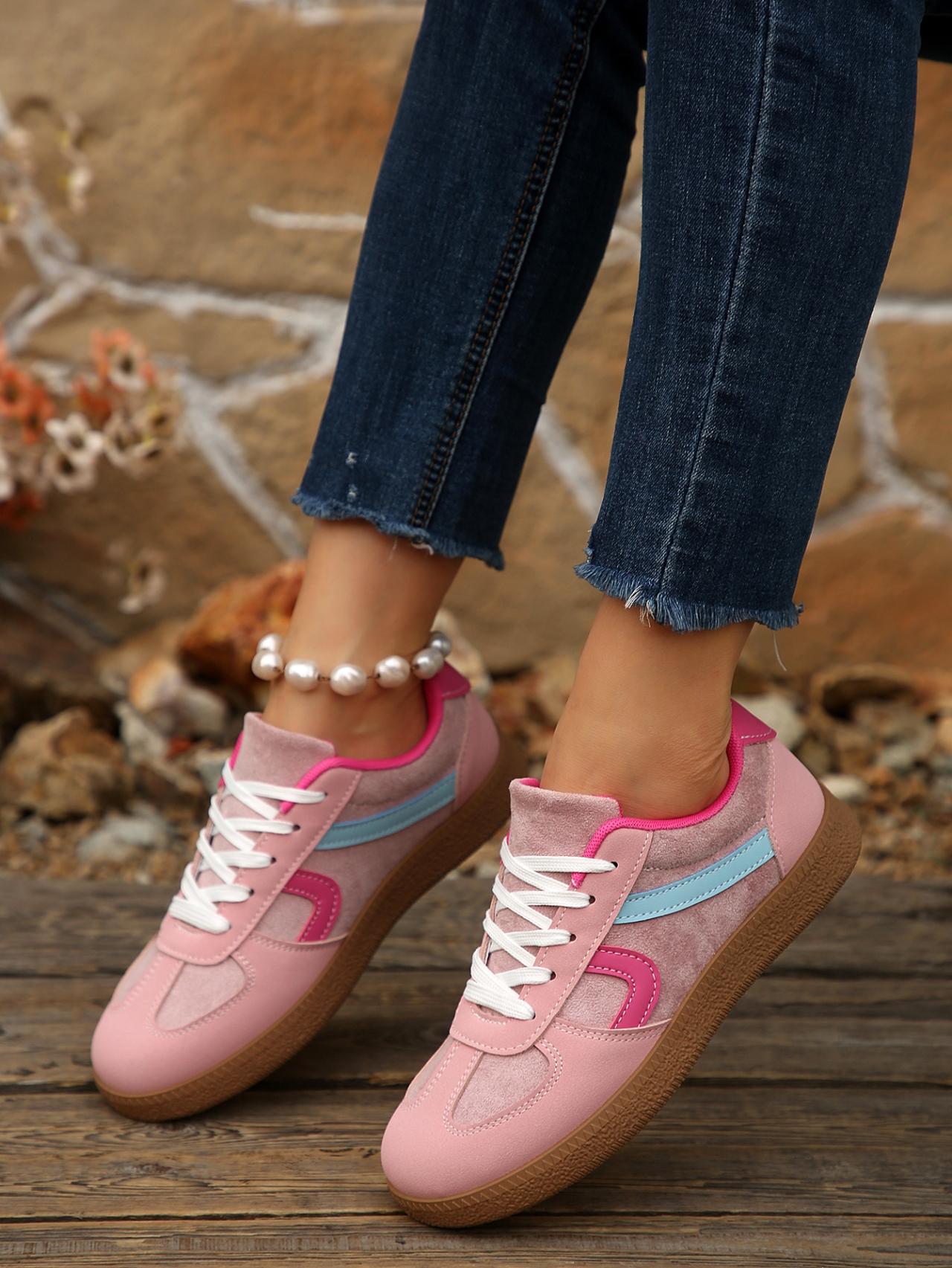 2.5cm Platform Color Block Retro Sneakers, Black & Pink, Vintage Casual Trainers