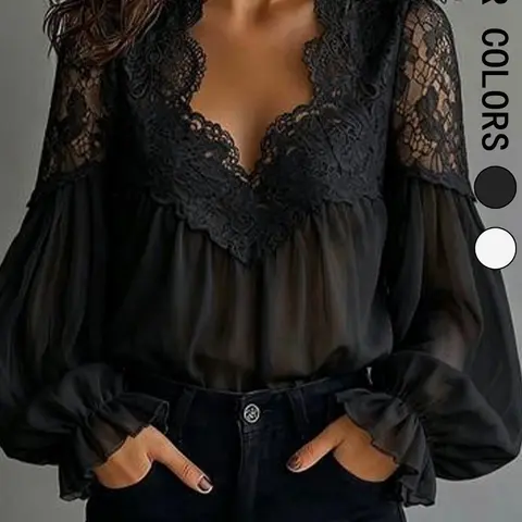 LuxeRose Women's Lace Trim V-Neck Blouse Shirts, Chiffon Material, Loose-Fit Flounce Sleeve Top for All Seasons