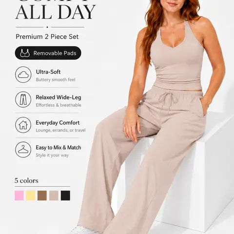 Women's 2 Piece Set Removable Padded Cami Top Long Pants Yoga Set Buttery Soft Cool Touch Breathable Adjustable Drawstring Wide Leg Pants Moisture Wicking Four Way Stretch Sports Set Gym Outdoor Fashion Versatile Fitness Set Sports Outfit