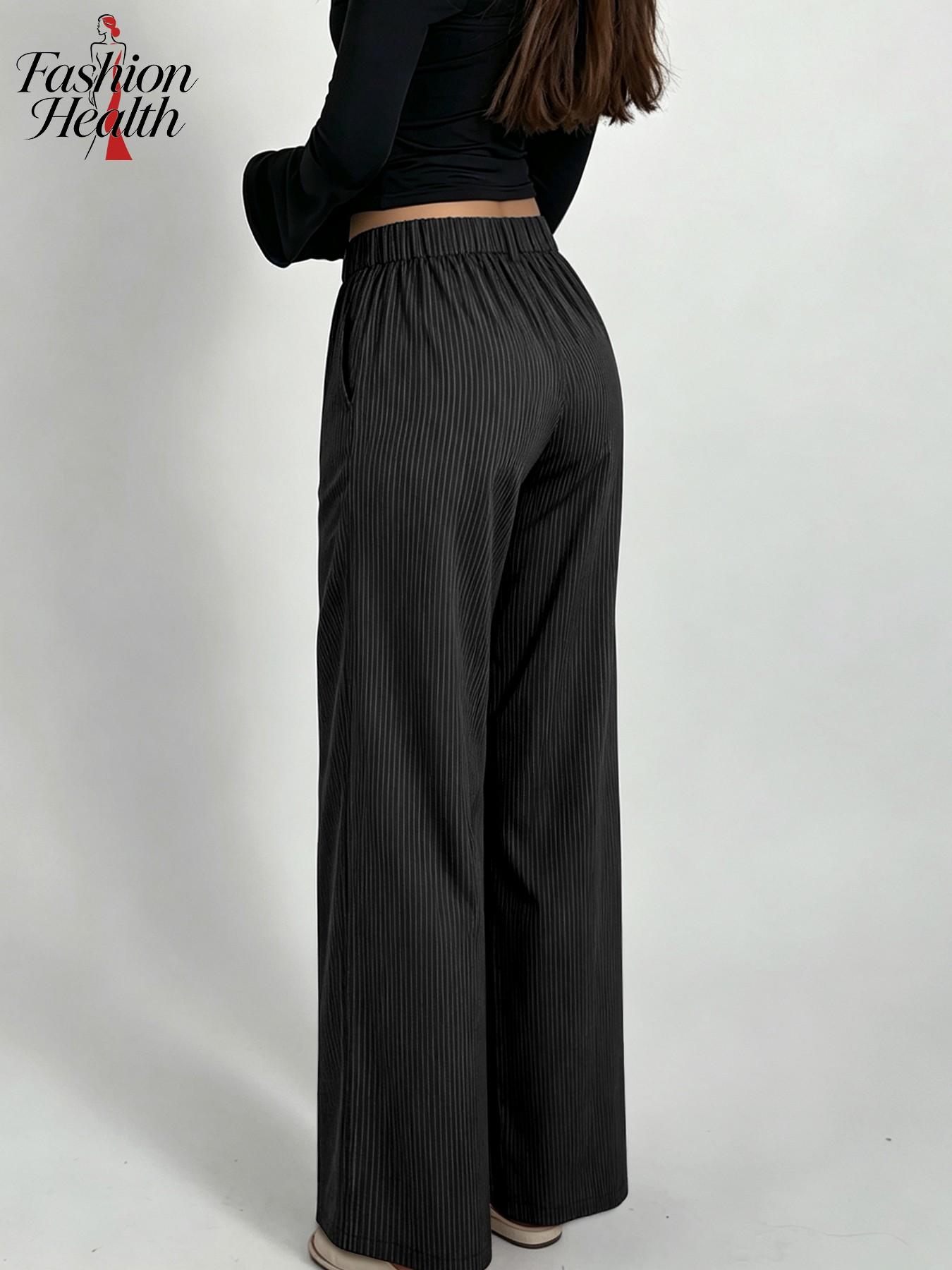 Women's High-Waisted Striped Pants, Casual Loose-Fit Baggy Office Wear, Spring Summer New Arrival, Korean Style Straight Leg Jeans