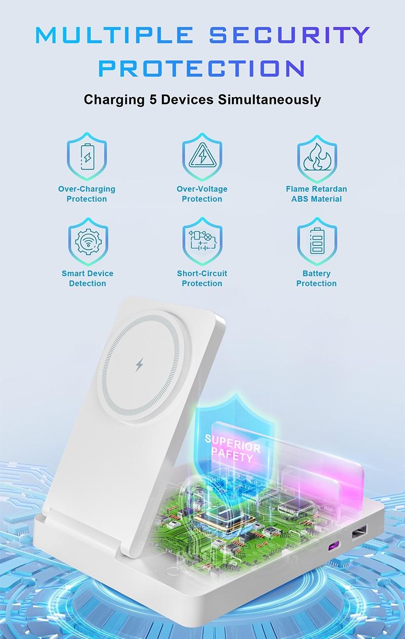 Smart Multi-Device Fast Wireless Charging Station, Foldable Charger Stand, Smart Charging Dock, Compatible with iPhone Samsung Series Apple Watch, Lightweight USB Design