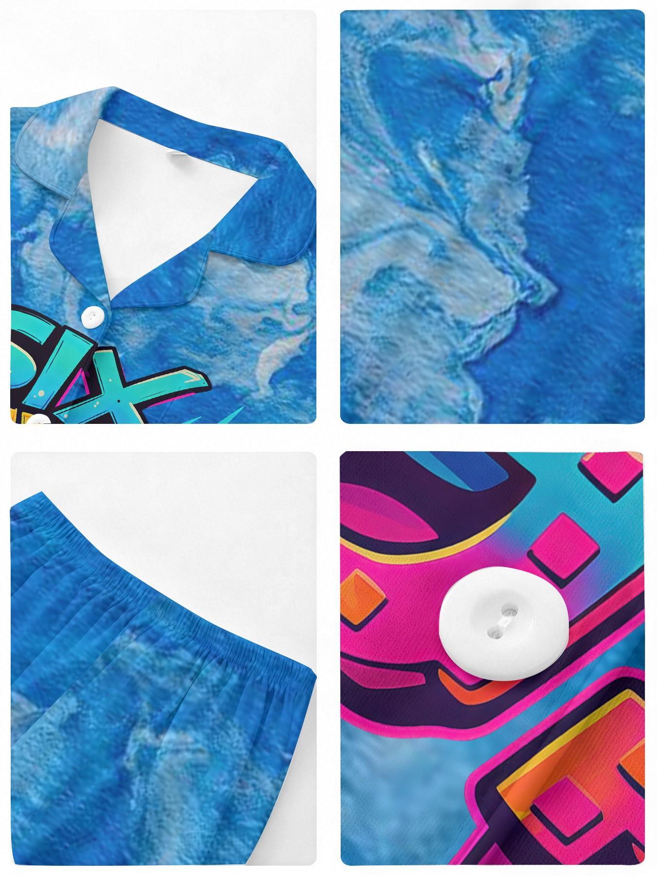 Vibrant Pixel 3D Printed Parent-Child Pajamas, Cloud Pattern Blue Base, Trendy Cool Style, Mother-Daughter Matching