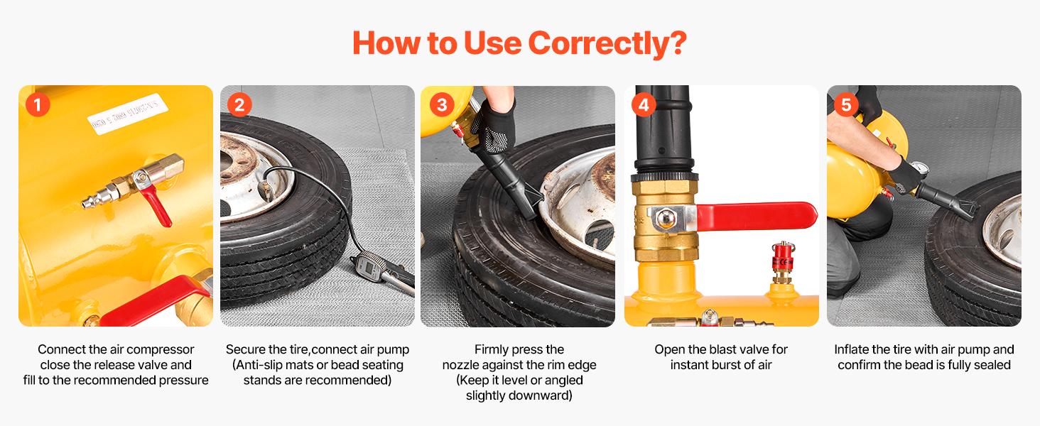 VEVOR Air Tire Bead Seater, 5 Gal/ 18.9 L, Heavy Duty Tire Bead Blaster Tool, 87-116 PSI Operating Pressure, Air Trigger Seating Inflator for Pickup, Truck, ATV, Jeep, Van, Lawn Tractor, RV, Yellow