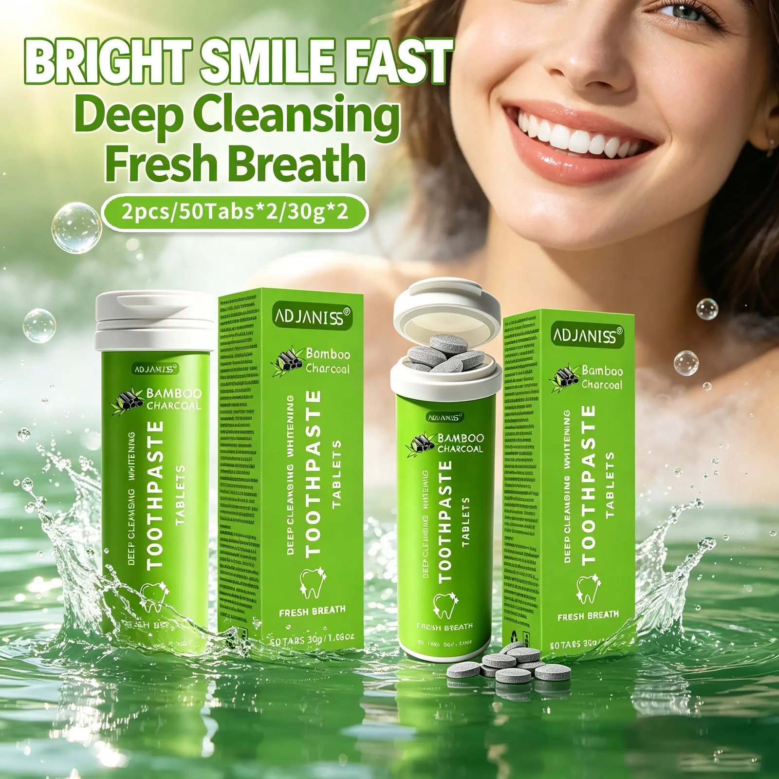 2 pcs/30g*2 Natural Bamboo Charcoal Teeth Whitening Toothpaste Tablets, containing hydroxyapatite, probiotics, and xylitol. Helps remove yellow stains and dirt, cleans teeth, and provides deep cleaning to make your teeth whiter and your smile brighter.