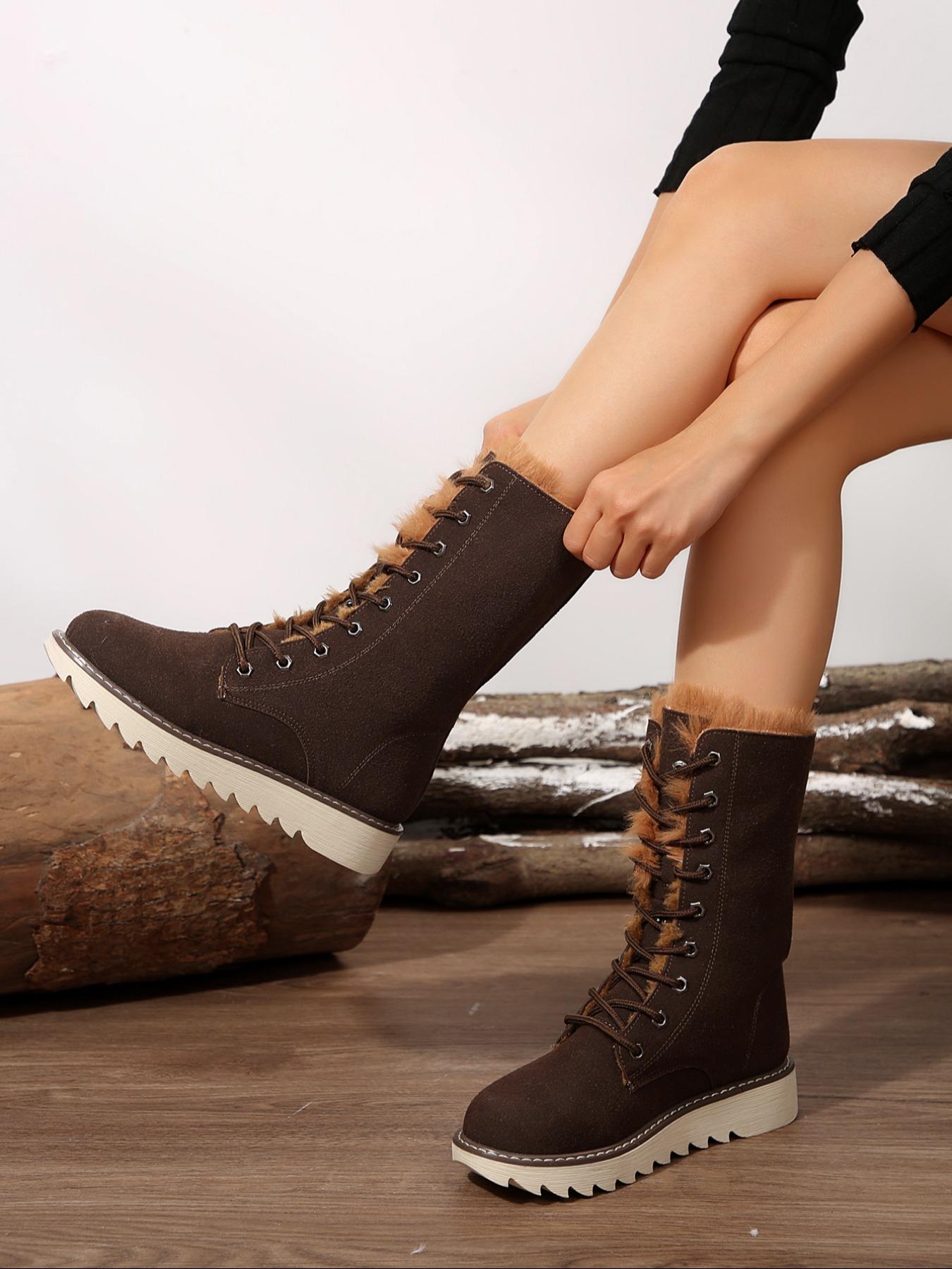 【Size Runs Small】 Women's Solid Color Boots, Fashionable Warm Boots for Winter Holiday Gift, Non-slip Outdoor Snow Boot Shoes for Women & Girls, Fur Boots for Women