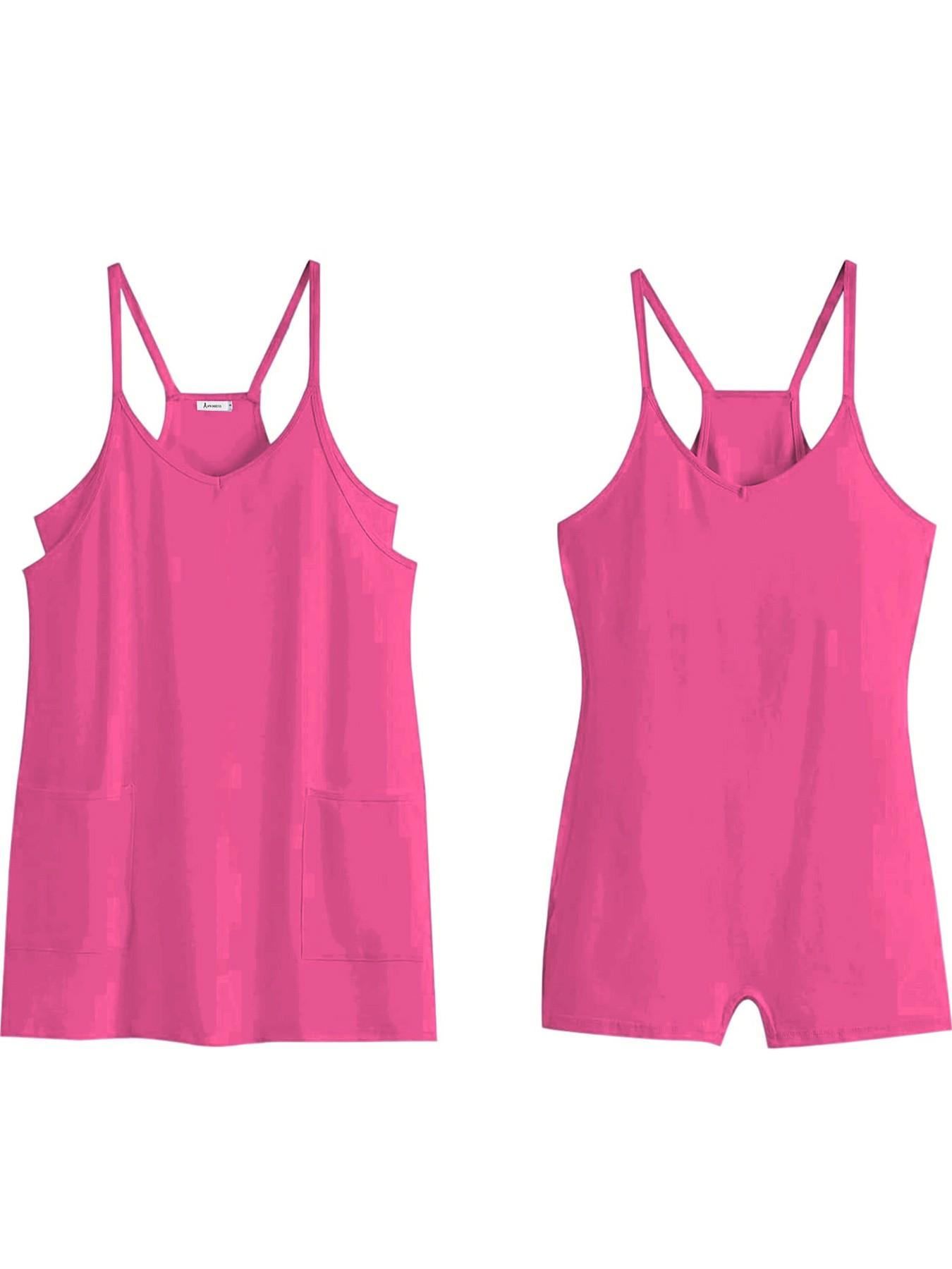 Womens Workout Romper Dress with Shorts Underneath Sleeveless Spaghetti Straps Athletic Outfits Casual Vacation