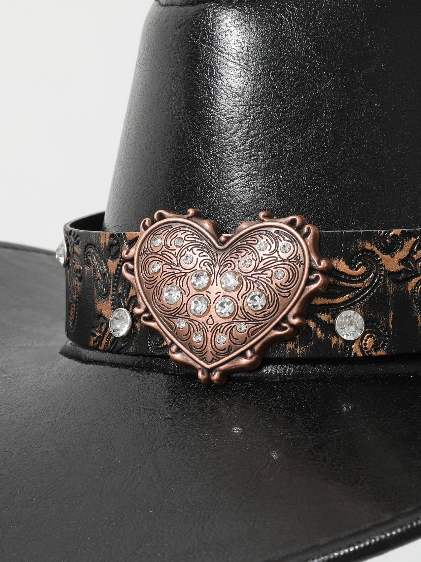 Vintage Heart-Shaped Rhinestone Leather Classic Cowboy Hat, Western Paisley Pattern Sun Hat, Unisex Daily Wear Party Cap