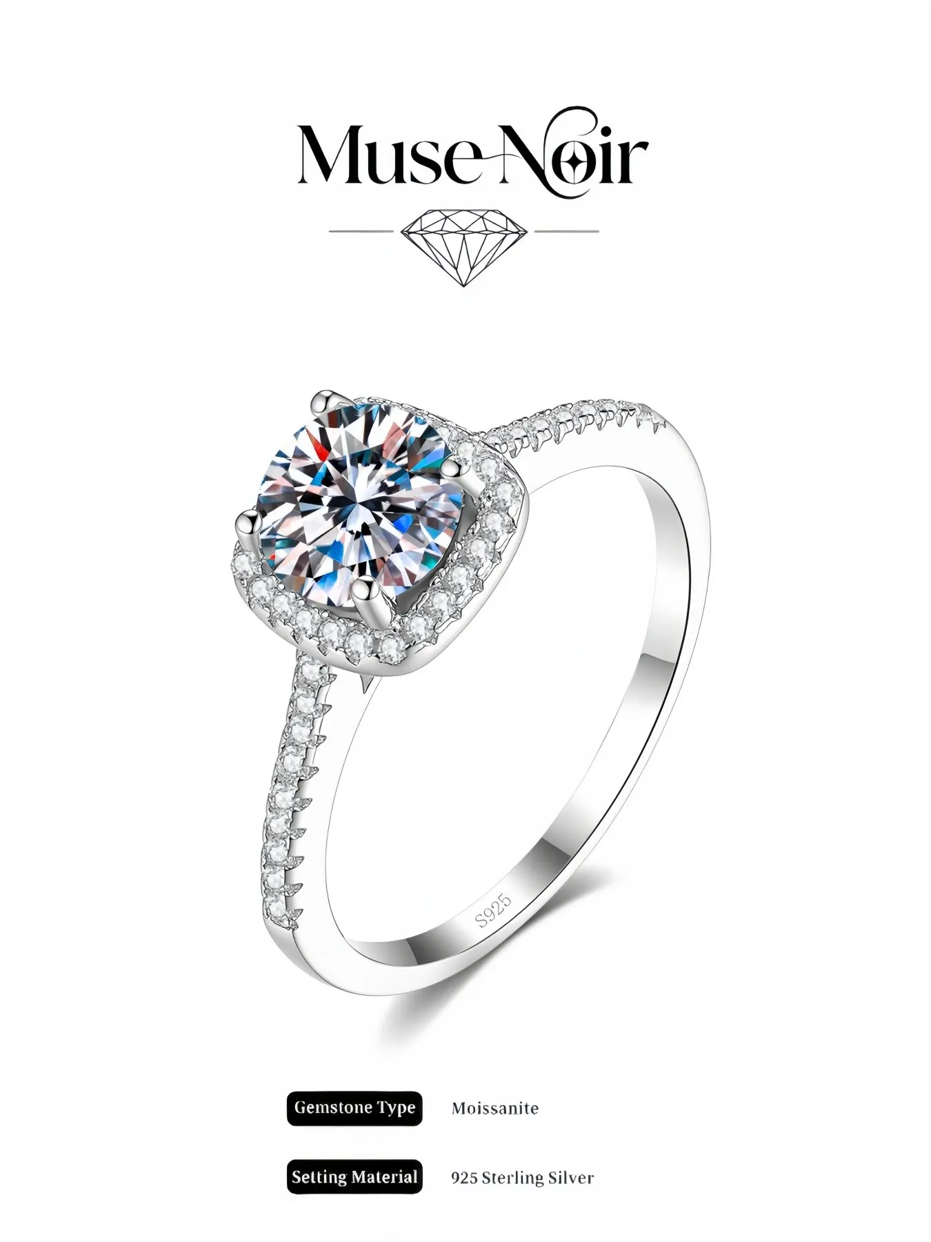 S925 Sterling Silver Sparkling Square Sugar Ring Adjustable band embedded with 2ct D-color lab-grown moissanite. Ideal jewelry gift for birthdays, wedding anniversaries and Christmas.