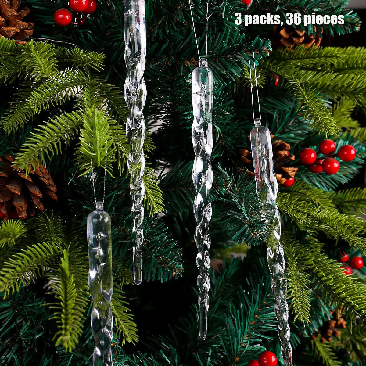 3 Pack Transparent Christmas Ice Cones Decorative Ice Sticks, Realistic Ice Column Hanging Ornaments, Creative Christmas Tree Threaded Icicles