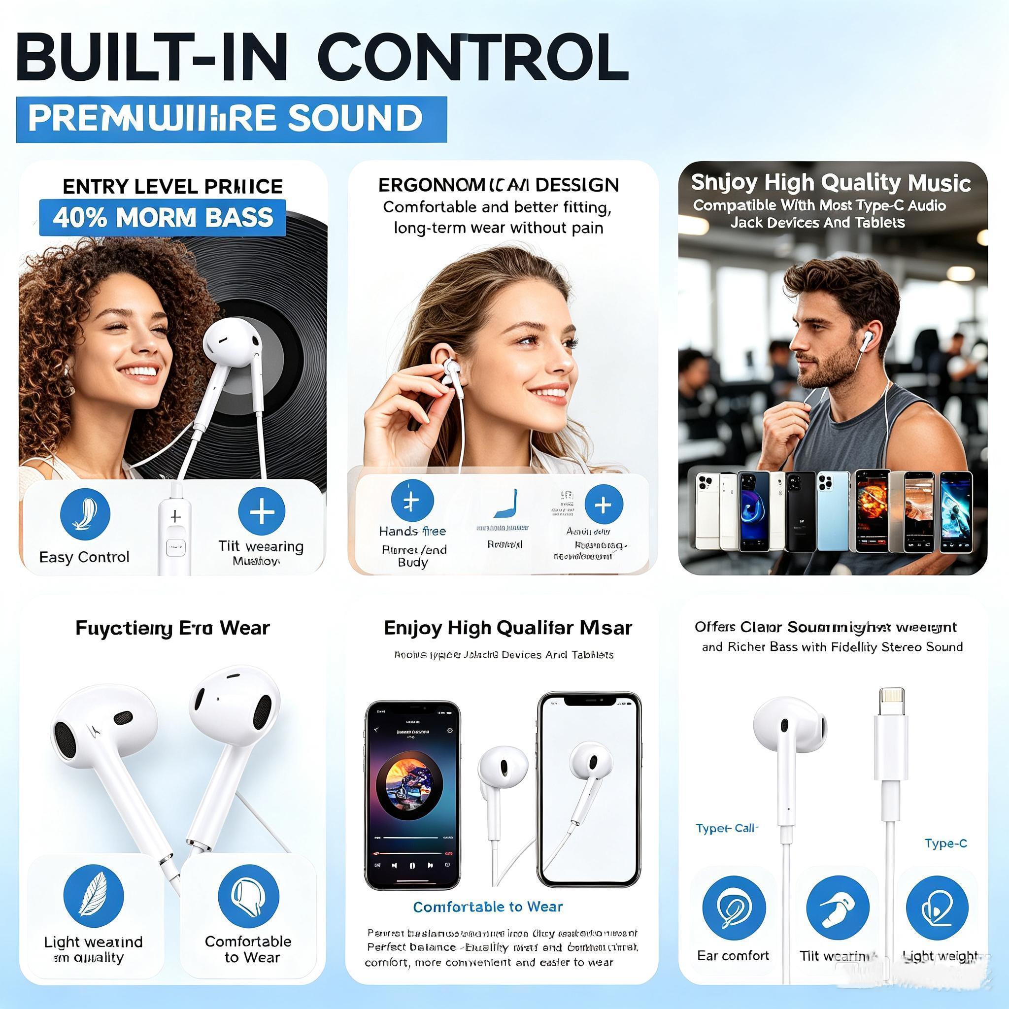 Semi-In-Ear USB-C Wired Earbuds with Plug, Mic, Volume Control & HiFi Stereo Sound, Connector Cable with Port for Android Devices