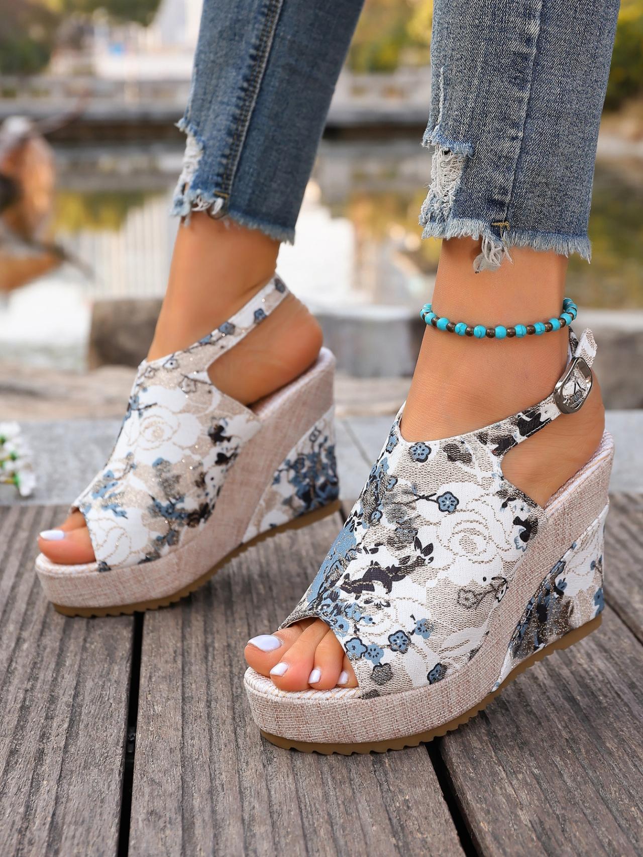 Women's Chinese Style Plum Blossom Printed Wedge Sandals, Summer Retro Platform Elevated Buckle Open-Toe Vacation Roman Shoes